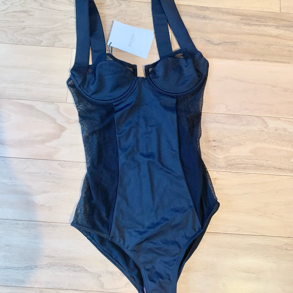 NWT Balmain Balconette One Piece Swimsuit Bikini monokini Black 36 sheer bathing
